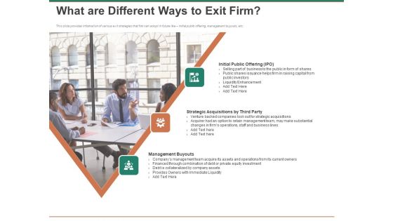 Escape Plan Venture Capitalist What Are Different Ways To Exit Firm Ppt Layouts Templates PDF Escape Plan Venture Capitalist What Are Different Ways To Exit Firm Ppt Layouts Templates PDF