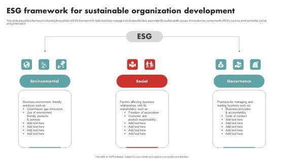 Esg Framework For Sustainable Organization Development Icons PDF