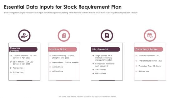 Essential Data Inputs For Stock Requirement Plan Ppt PowerPoint Presentation Icon Files PDF