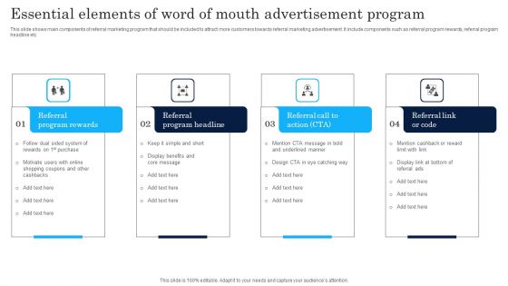 Essential Elements Of Word Of Mouth Advertisement Program Themes PDF