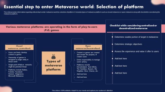 Essential Step To Enter Metaverse World Selection Of Platform Ppt Pictures Design Ideas PDF