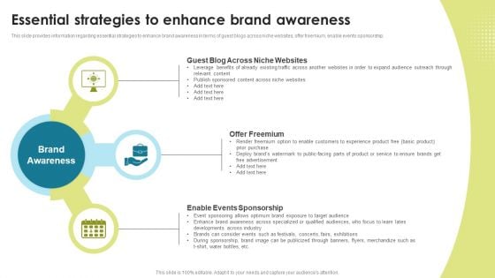 Essential Strategies To Enhance Brand Awareness Brand Administration Template PDF