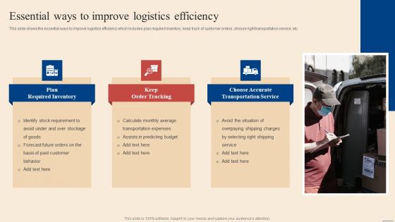Essential Ways To Improve Logistics Efficiency Inbound Outbound Supply Chain Management Portrait PDF Essential Ways To Improve Logistics Efficiency Inbound Outbound Supply Chain Management Portrait PDF