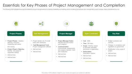 Essentials For Key Phases Of Project Management And Completion Professional PDF