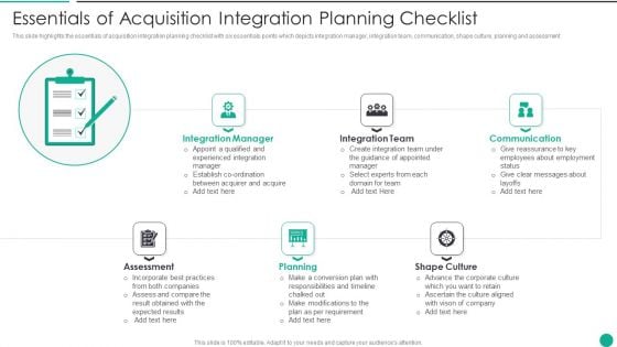 Essentials Of Acquisition Integration Planning Checklist Structure PDF