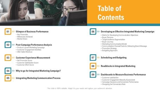 Establishing An Efficient Integrated Marketing Communication Process Table Of Contents Ppt Professional Show PDF