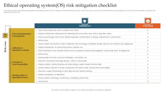 Ethical Operating System OS Risk Mitigation Checklist Ppt Icon Good PDF