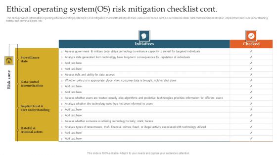 Ethical Operating System OS Risk Mitigation Checklist Ppt Icon Good PDF