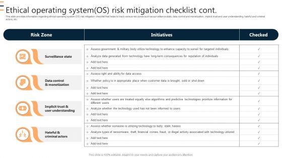 Ethical Operating System OS Risk Mitigation Checklist Ppt Show Shapes PDF
