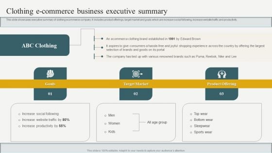 Evaluating Financial Position Of E Commerce Company Clothing E Commerce Business Executive Summary Slides PDF