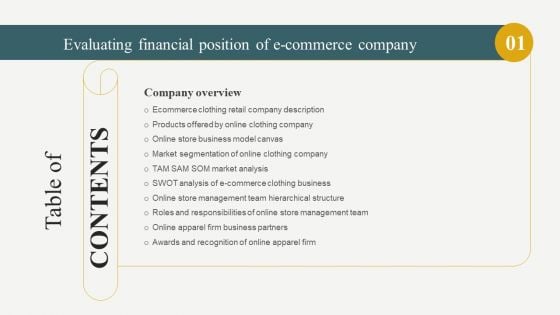 Evaluating Financial Position Of E Commerce Company Table Of Contents Formats PDF