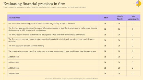 Evaluating Financial Practices In Firm Ppt Professional Elements PDF