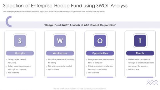 Evaluating Hedge Funds For Greater ROI Selection Of Enterprise Hedge Fund Using SWOT Brochure PDF