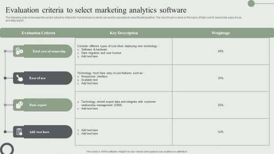 Evaluation Criteria To Select Marketing Analytics Software Ppt PowerPoint Presentation File Files PDF