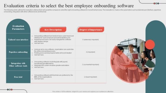 Evaluation Criteria To Select The Best Employee Onboardingoptimizing Business Processes Through Automation Portrait PDF