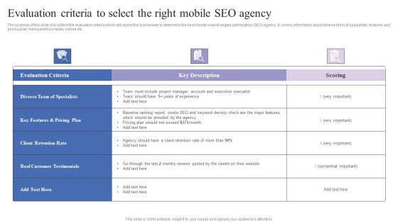 Evaluation Criteria To Select The Right Mobile Seo Agency Pictures PDF