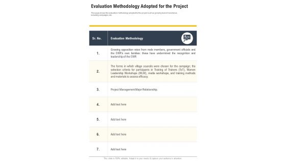 Evaluation Methodology Adopted For The Project One Pager Documents