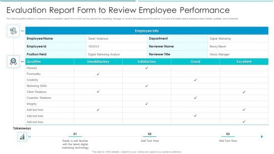 Evaluation Report Form To Review Employee Performance Inspiration PDF