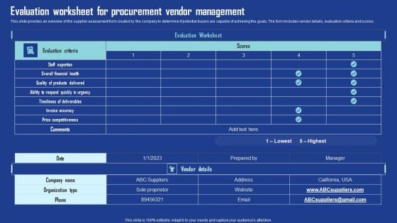 Evaluation Worksheet For Procurement Vendor Management Portrait PDF