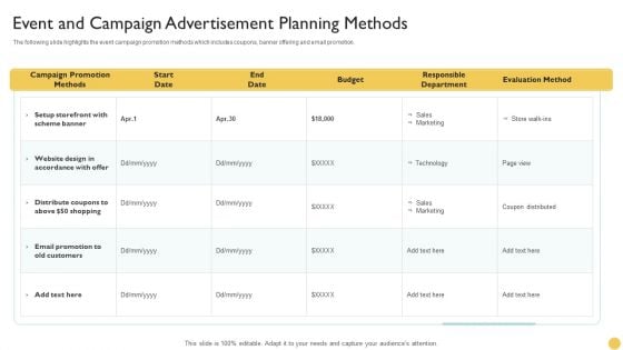 Event And Campaign Advertisement Planning Methods Ideas PDF