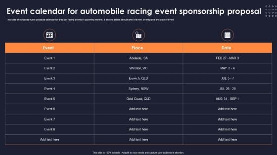 Event Calendar For Automobile Racing Event Sponsorship Proposal Portrait PDF Event Calendar For Automobile Racing Event Sponsorship Proposal Portrait PDF