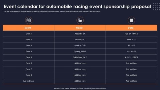 Event Calendar For Automobile Racing Event Sponsorship Proposal Portrait PDF