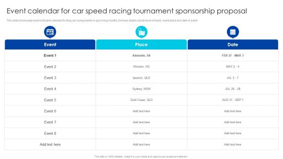 Event Calendar For Car Speed Racing Tournament Sponsorship Proposal Topics PDF