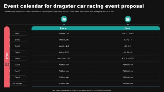 Event Calendar For Dragster Car Racing Event Proposal Ppt Professional Graphics Download PDF Event Calendar For Dragster Car Racing Event Proposal Ppt Professional Graphics Download PDF