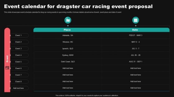 Event Calendar For Dragster Car Racing Event Proposal Ppt Professional Graphics Download PDF