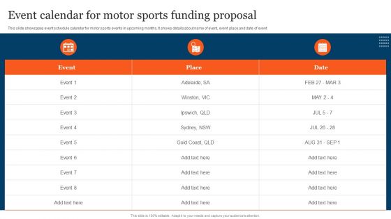 Event Calendar For Motor Sports Funding Proposal Icons PDF