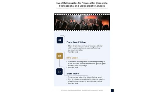 Event Deliverables For Corporate Photography And Videography Services One Pager Sample Example Document Event Deliverables For Corporate Photography And Videography Services One Pager Sample Example Document