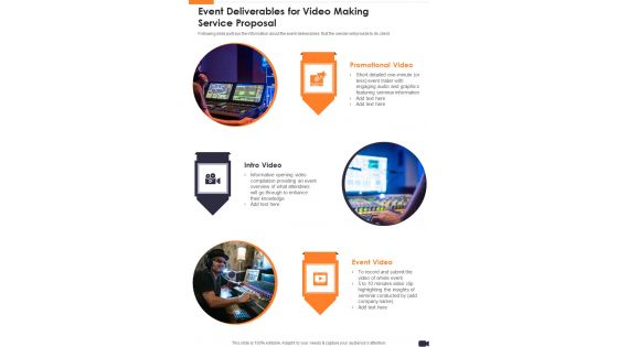 Event Deliverables For Video Making Service Proposal One Pager Sample Example Document