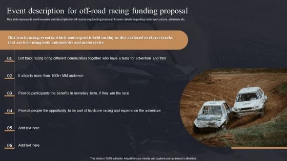 Event Description For Off Road Racing Funding Proposal Ppt PowerPoint Presentation Diagram Graph Charts PDF Event Description For Off Road Racing Funding Proposal Ppt PowerPoint Presentation Diagram Graph Charts PDF