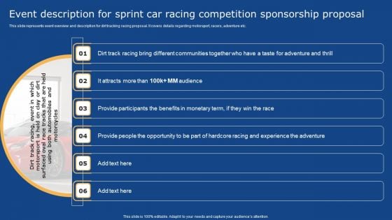 Event Description For Sprint Car Racing Competition Sponsorship Proposal Icons PDF