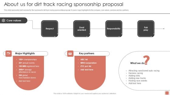 Event Funding About Us For Dirt Track Racing Sponsorship Proposal Demonstration PDF