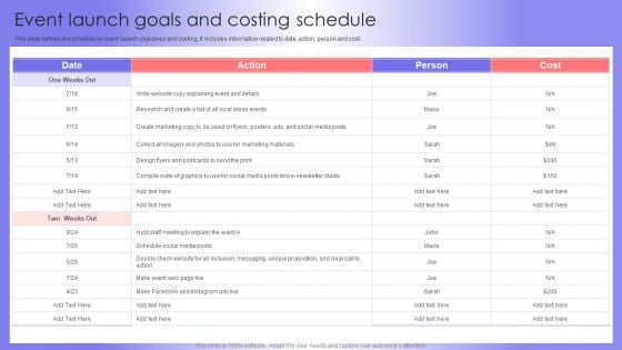 Event Launch Goals And Costing Schedule Professional PDF