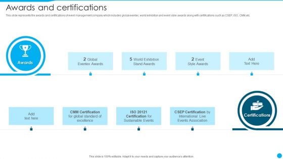 Event Management Firm Overview Awards And Certifications Icons PDF