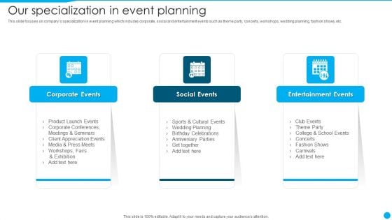 Event Management Firm Overview Our Specialization In Event Planning Infographics PDF