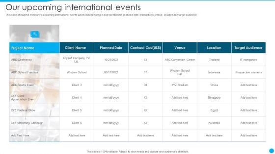 Event Management Firm Overview Our Upcoming International Events Brochure PDF