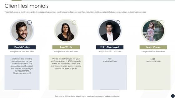 Event Management Services Company Profile Client Testimonials Infographics PDF