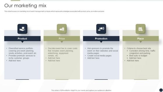 Event Management Services Company Profile Our Marketing Mix Portrait PDF