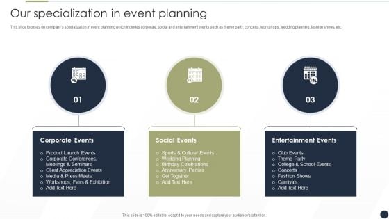 Event Management Services Company Profile Our Specialization In Event Planning Formats PDF