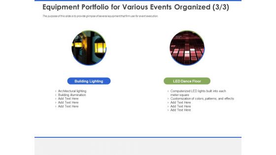 Event Management Services Equipment Portfolio For Various Events Organized Building Ppt PowerPoint Presentation Professional Show PDF