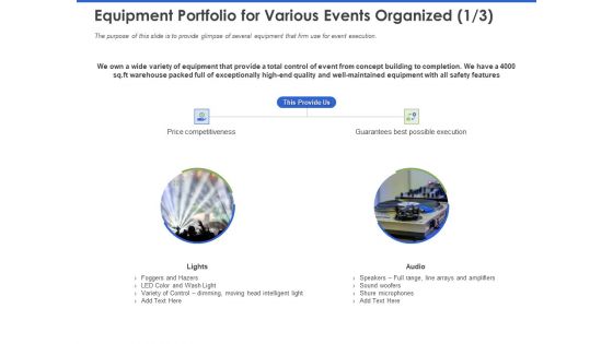 Event Management Services Equipment Portfolio For Various Events Organized Ppt PowerPoint Presentation Inspiration Picture PDF