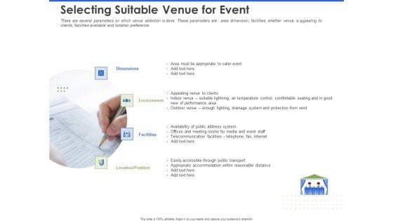 Event Management Services Selecting Suitable Venue For Event Ppt PowerPoint Presentation Infographics Design Ideas PDF