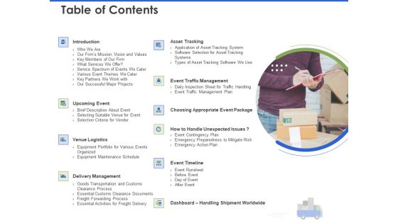 Event Management Services Table Of Contents Ppt PowerPoint Presentation Summary Graphic Tips PDF