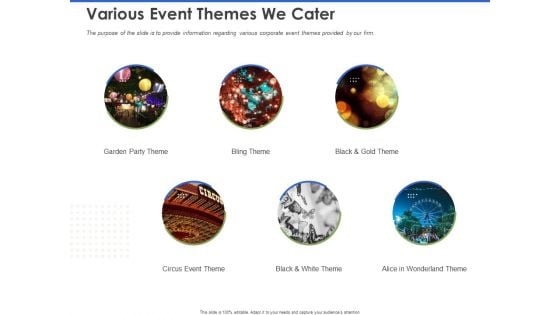 Event Management Services Various Event Themes We Cater Ppt PowerPoint Presentation Show Gallery PDF