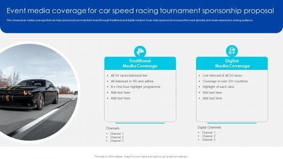Event Media Coverage For Car Speed Racing Tournament Sponsorship Proposal Formats PDF