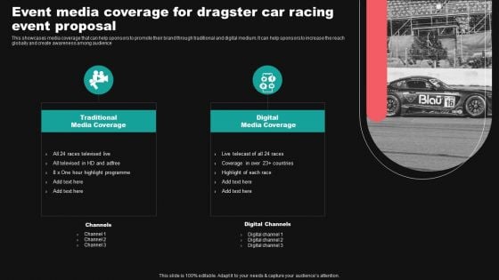 Event Media Coverage For Dragster Car Racing Event Proposal Ppt Diagram Ppt PDF