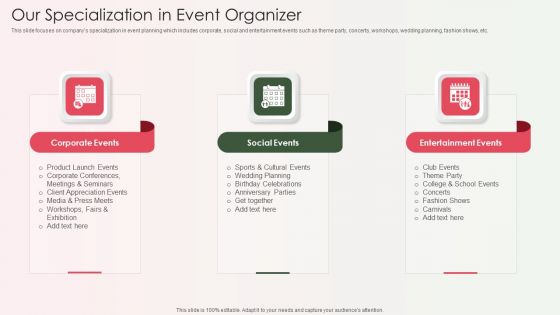 Event Organizer And Coordinator Company Profile Our Specialization In Event Organizer Structure PDF